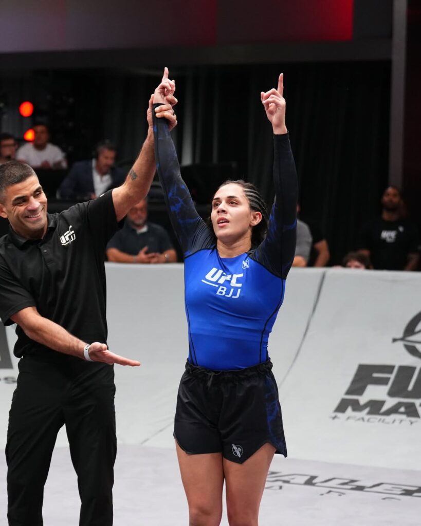 Rebeca Lima celebrates her first UFC BJJ win; the Rio native beat Taylor Hishaw by submission. Photo: Chris Unger/Zuffa LLC