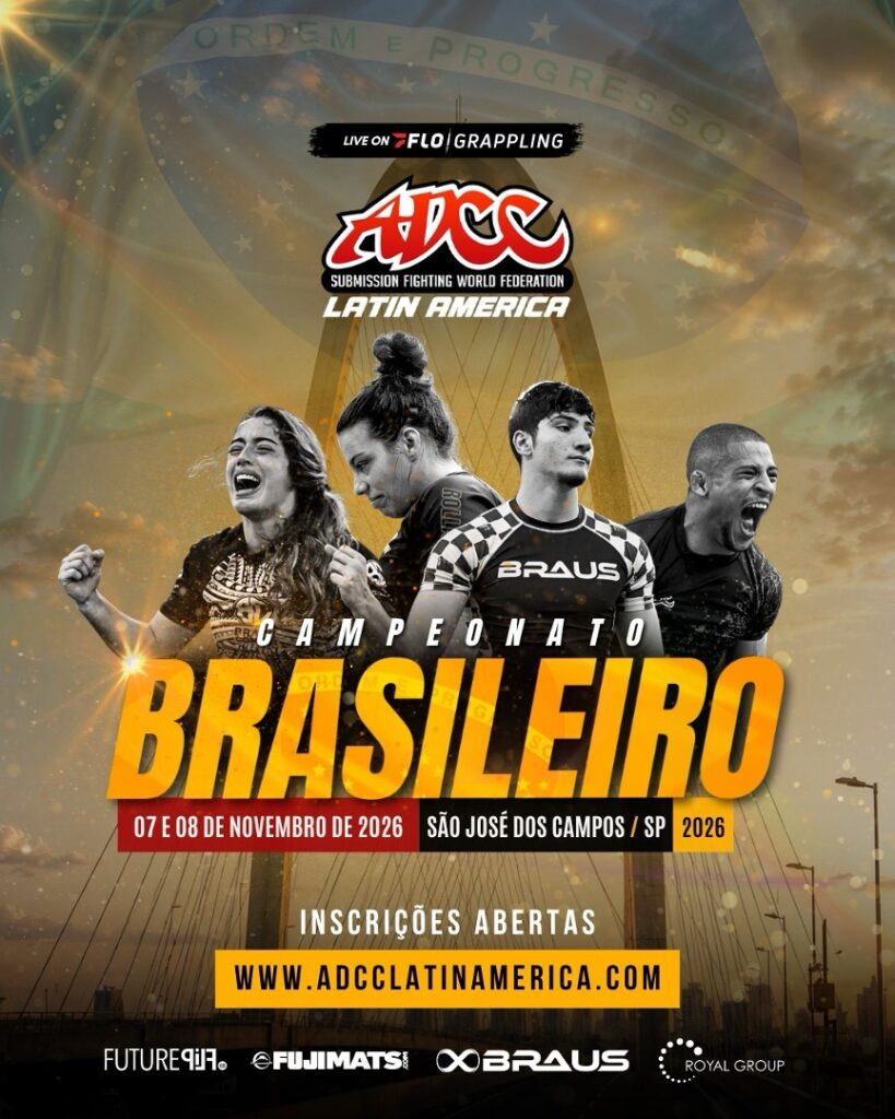 Arte oficial do ADCC Brasileiro 2026, que reúne grapplers de todo o país em São José dos Campos, nos dias 7 e 8 de novembro.